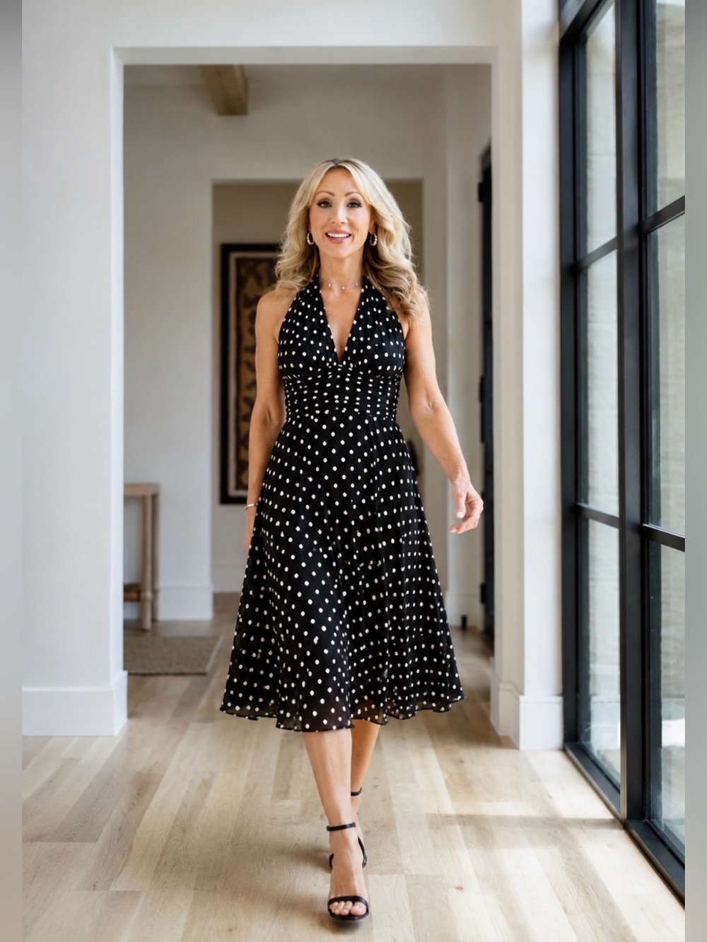 Black and White Polka Dot Halter Midi Dress size S/M